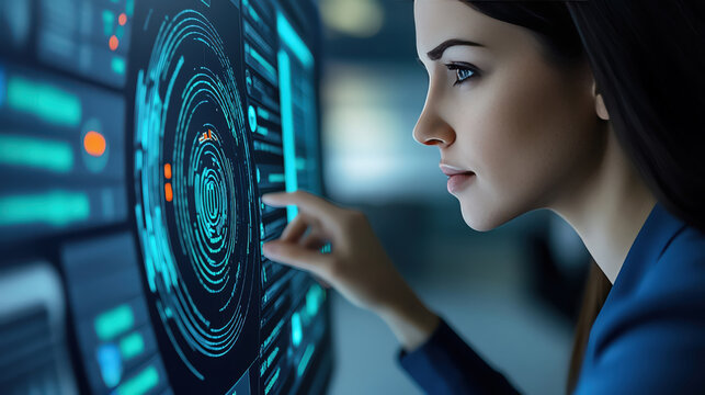 A focused woman interacts with a futuristic interface, showcasing advanced technology and digital innovation.