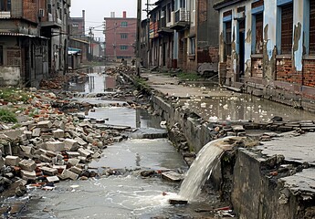Damaged Roadway with Water Flowing Through Broken Asphalt and Concrete.