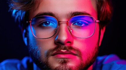 Close up portrait of young man with glasses under neon lights