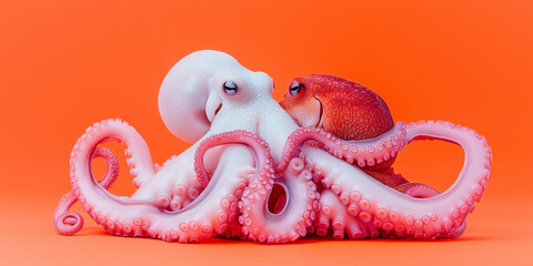 Obraz premium Two Octopuses Hugging on Orange Background