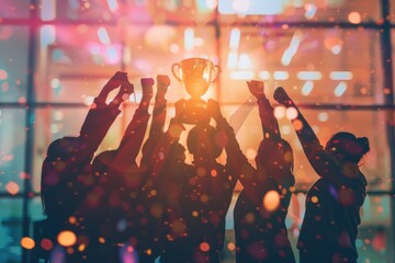 A golden trophy symbolizes success as a team member is honored with applause, embodying the spirit of employee appreciation and achievement.