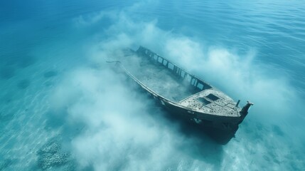 Fototapeta premium A shipwreck is floating in the ocean with a foggy sky above it