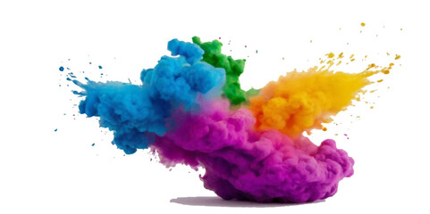 Vector watercolor rainbow multicolor splatter design background. Multicolored rainbow explosion of cloud powder paint holi decoration isolated on transparent background