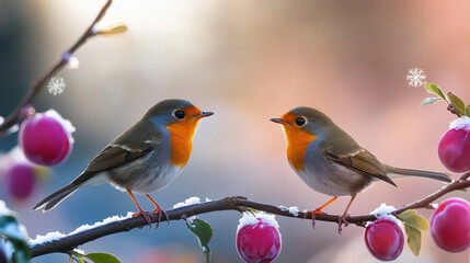 Two vibrant birds perched on a branch, surrounded by pink fruits and snowflakes, capturing a serene...