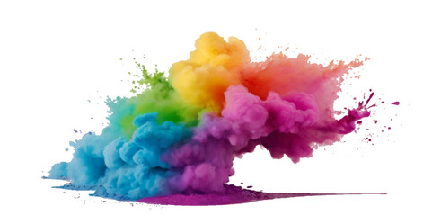 Vector watercolor rainbow multicolor splatter design background. Multicolored rainbow explosion of cloud powder paint holi decoration isolated on transparent background