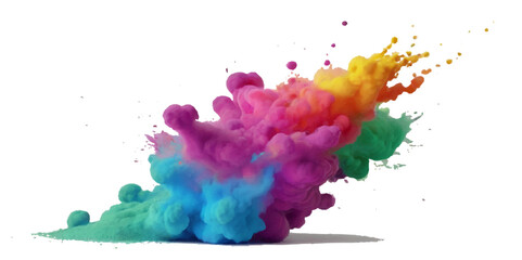 Multicolored rainbow explosion of cloud powder paint holi decoration isolated on transparent background. Vector abstract colorful rainbow holi paint festival background.