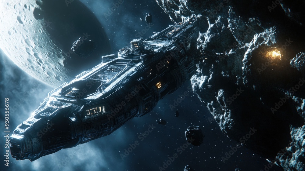 Aufkleber a mining ship navigates through a dense asteroid field, collecting materials while orbiting a distan