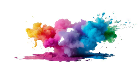 Multicolored rainbow explosion of cloud powder paint  decoration isolated on transparent background. Vector abstract colorful rainbow holi paint festival background.