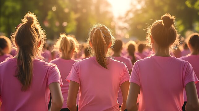 Women in pink shirts at a cancer run starting line, bright sunlight, crowd blurred, close-up shot.