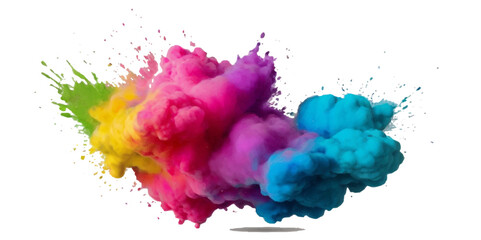 Vector colorful vibrant rainbow, smoke and cloud holi paint color powder explosion with bright colors isolated  on transparent background. Multicolored explosion of rainbow powder paint holi festival 