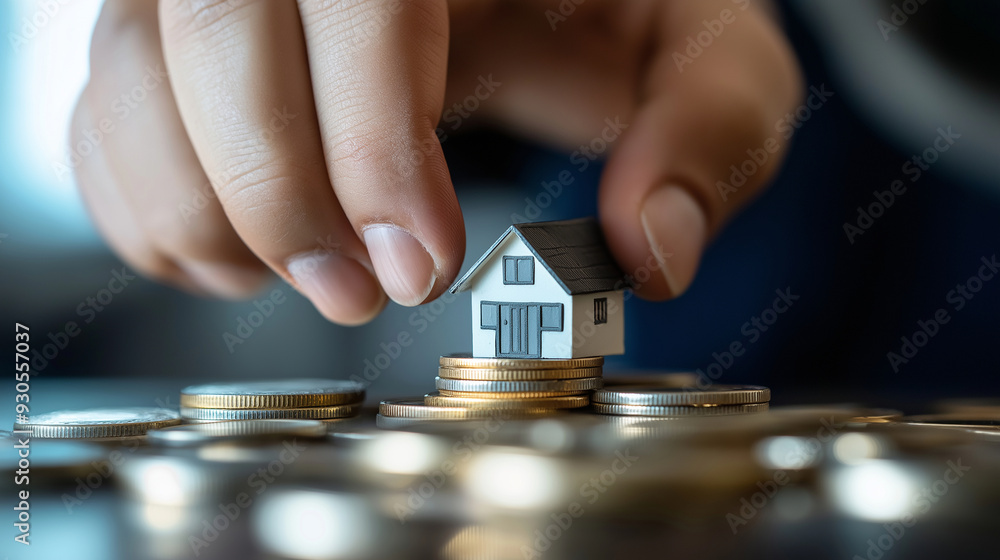 Poster hands offering a small house model placed on top of coins, representing the solidity and security of