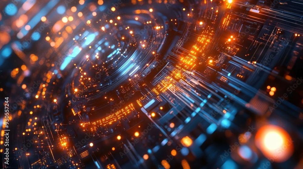 Poster glowing circuits and streams of light create a vibrant visual representation of a futuristic quantum