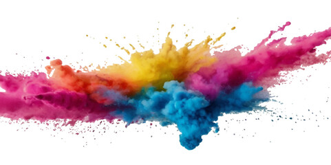 Vector watercolor rainbow multicolor splatter design background. Multicolored rainbow explosion of cloud powder paint holi decoration isolated on transparent background