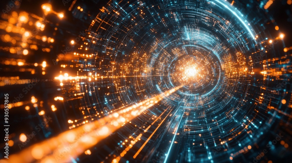 Poster a glowing quantum database surrounded by vibrant data streams and patterns in a futuristic digital e