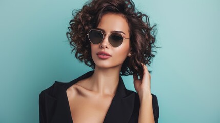 A stylish woman poses with confidence, showcasing her curly hair and sunglasses against a vibrant background.