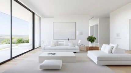 A white kitchen with a potted plant and a hanging light fixture