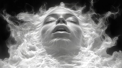 Surreal white marble sculpture of woman emerging from smoke