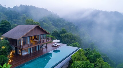 Naklejka premium A house with a pool and a large tree in the background