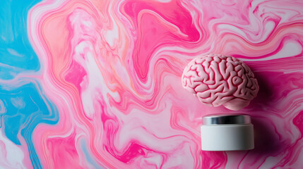 Obraz premium A brain and a cosmetic jar on a background of colorful, swirling patterns, symbolizing the relationship between psychological health and skincare in psychodermatology