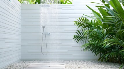 A shower with a waterfall and a lush green plant in the background