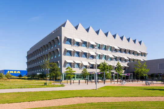Malm&ouml;, Sweden - July 19, 2024: Western facade of the Hubhult, IKEA's new global meeting centre and workspace, designed by Dorte Mandrup architectural practice and completed in 2015.