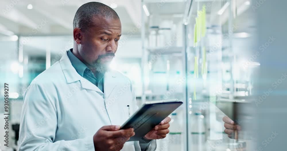Aufkleber Scientist, planning and glass with tablet with sticky notes, problem solving and man in lab with online research. Pharmaceutical, development and brainstorming science tasks, ideas and strategy