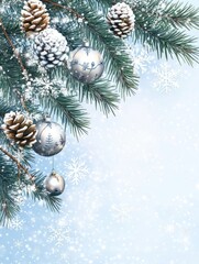 blue and white winter background with fir tree branches and decorations with space for text, winter and christmas background