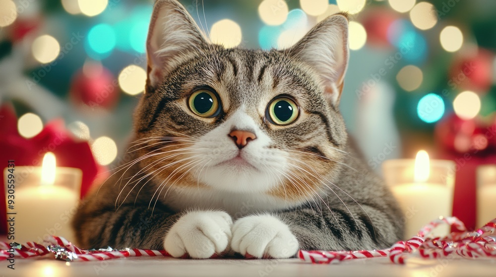 Wall mural a cat sitting in front of a table with candles and presents, ai