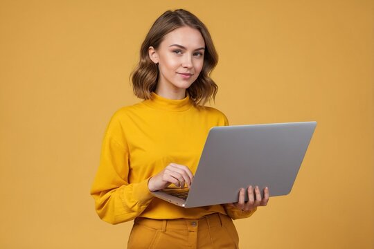 Young woman in yellow sweater holding laptop against yellow background