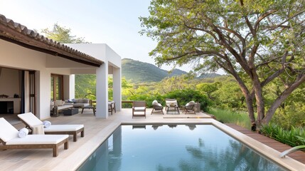 Fototapeta premium A large house with a pool and a fireplace