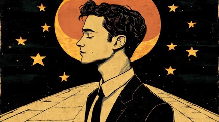 Artistic illustration of man with moon and stars surreal concept