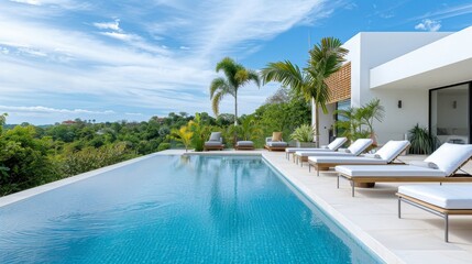 A large house with a pool and a lot of trees in the background