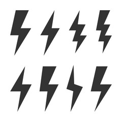 Electricity flash thunderbolt signs illustration collection isolated. Energy set. Vector icons in flat style