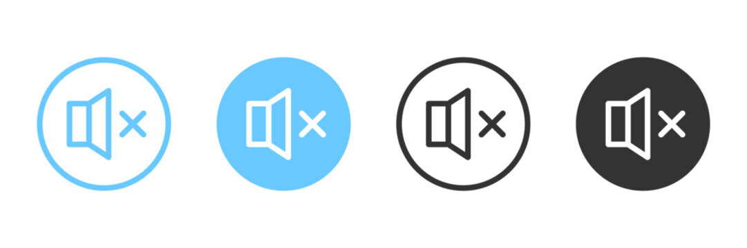 Volume mute off button in a circle in 4 variations isolated . User Interface. Vector icons in flat style