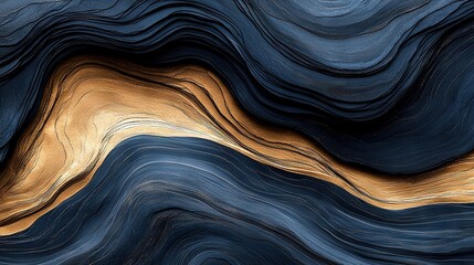   A close-up of a wavy surface features a gold and blue pattern at its base