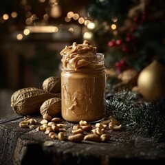 christmas still life,Peanut butter jar with peanut background close up,Peanut butter isolated kitchen table professional advertising food photography,Close-Up of Peanut Butter with Peanuts on Kitche