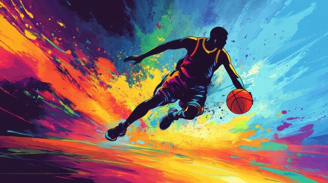 A vibrant illustration of a basketball player in motion, showcasing energy and movement.