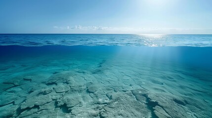 Obraz premium The image is of a vast, empty ocean floor with a bright sun shining down on it