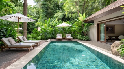 A pool with two lounge chairs and a bamboo fence