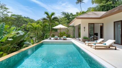Fototapeta premium A pool with two lounge chairs and a bamboo fence