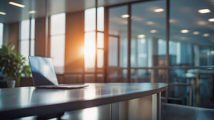 A contemporary workspace with a blurred background of a modern office room. The design elements are sleek, featuring clean lines and minimalistic decoration. Soft lighting enhances the professional.