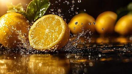   A group of lemons splashing water on a black surface with surrounding lemons