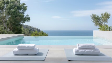 Three blue towels are stacked on top of each other on a mat by a pool