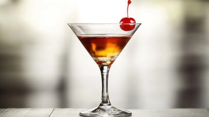 An elegant Manhattan with a cherry garnish, served in a classic cocktail glass with a rich amber color