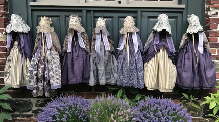 A group of lavender-dyed lace dolls hanging on the wall