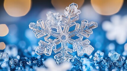 Macro closeup of icy snowflake crystal on blue background, frozen winter detail