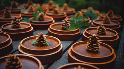Round wooden wreaths with small pine cones 