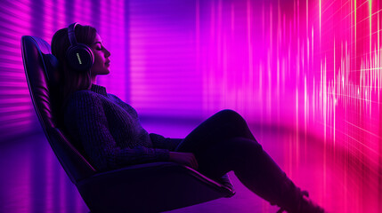 Naklejka premium A listener leaning back in a chair with headphones on, surrounded by dynamic sound waves, depicting the immersive experience of a podcast