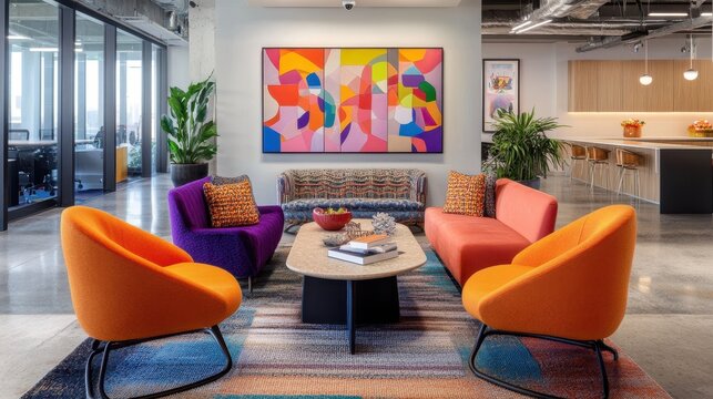 A vibrant office lounge with colorful seating and artwork for collaborative spaces.