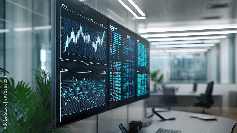 Poster a digital screen displaying live stock market data and financial charts in a modern office setting